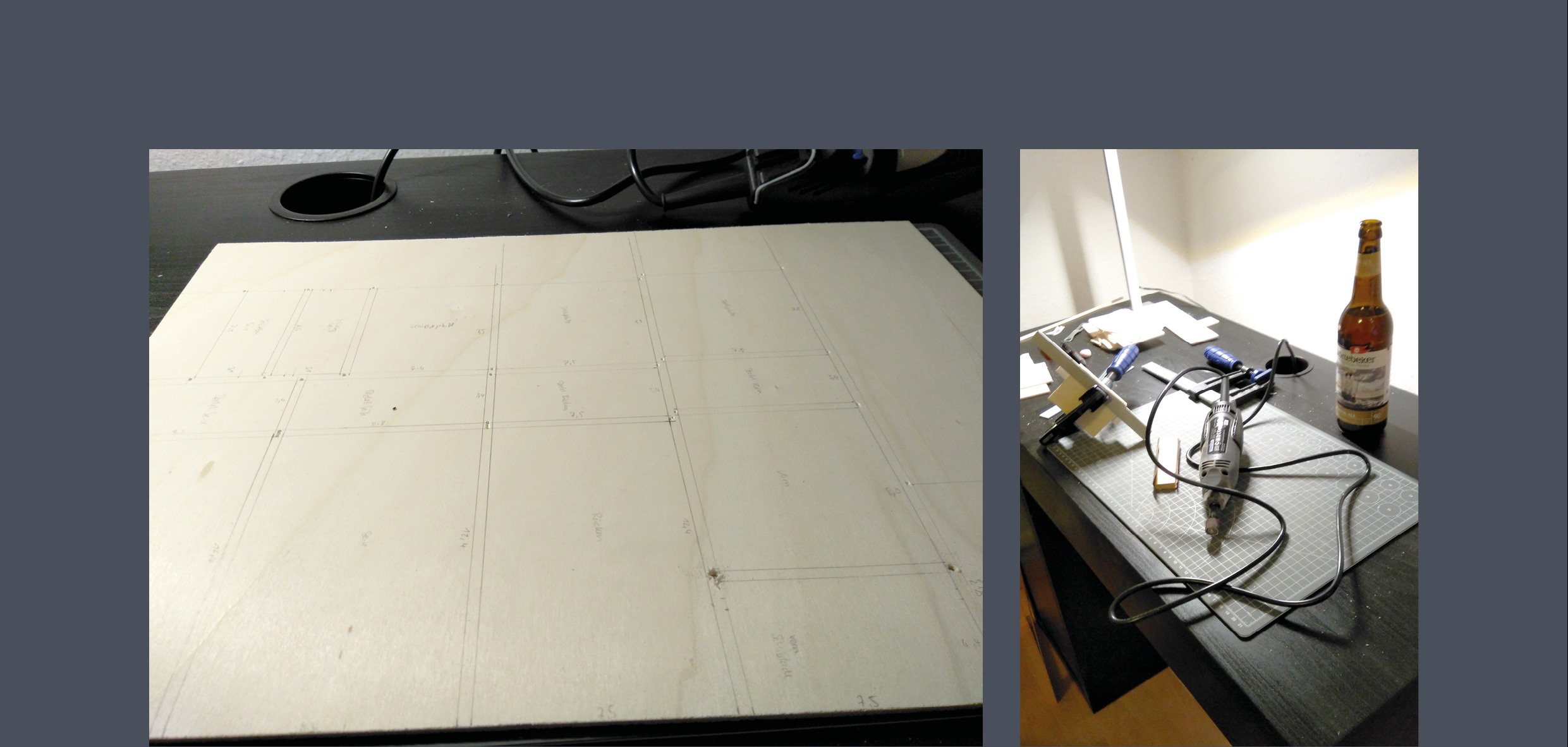 Würfelbox Teile auf Sperrholzplatte