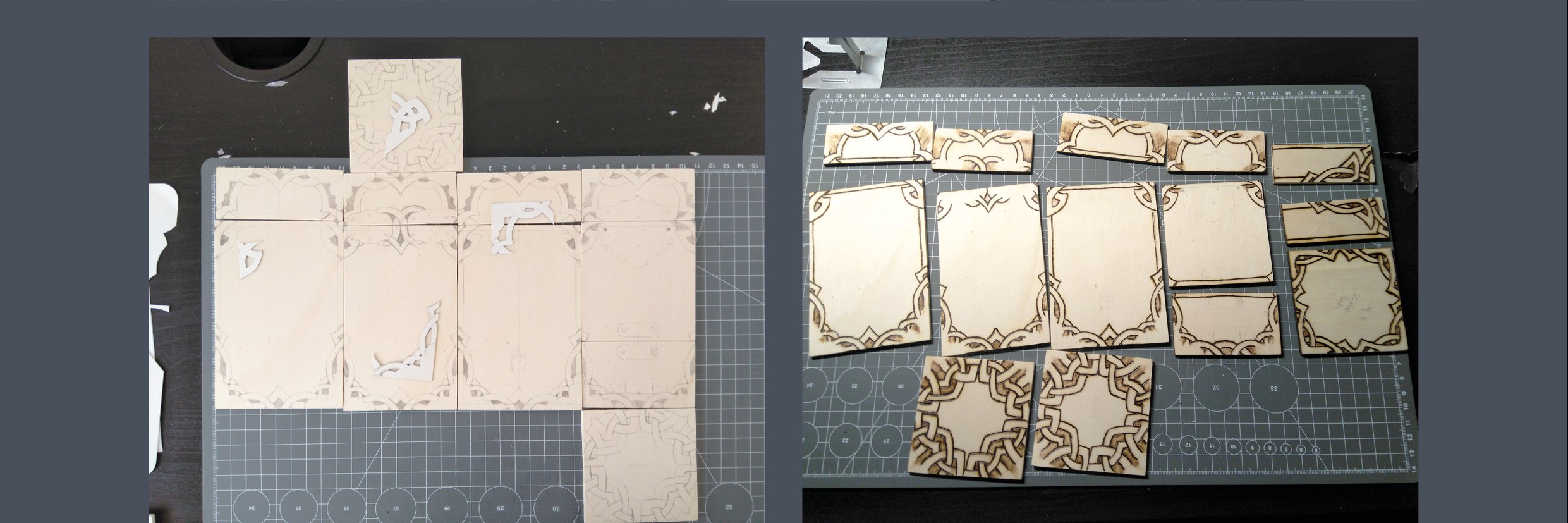 Würfelbox Verzierung Skizzen und Pyrographie