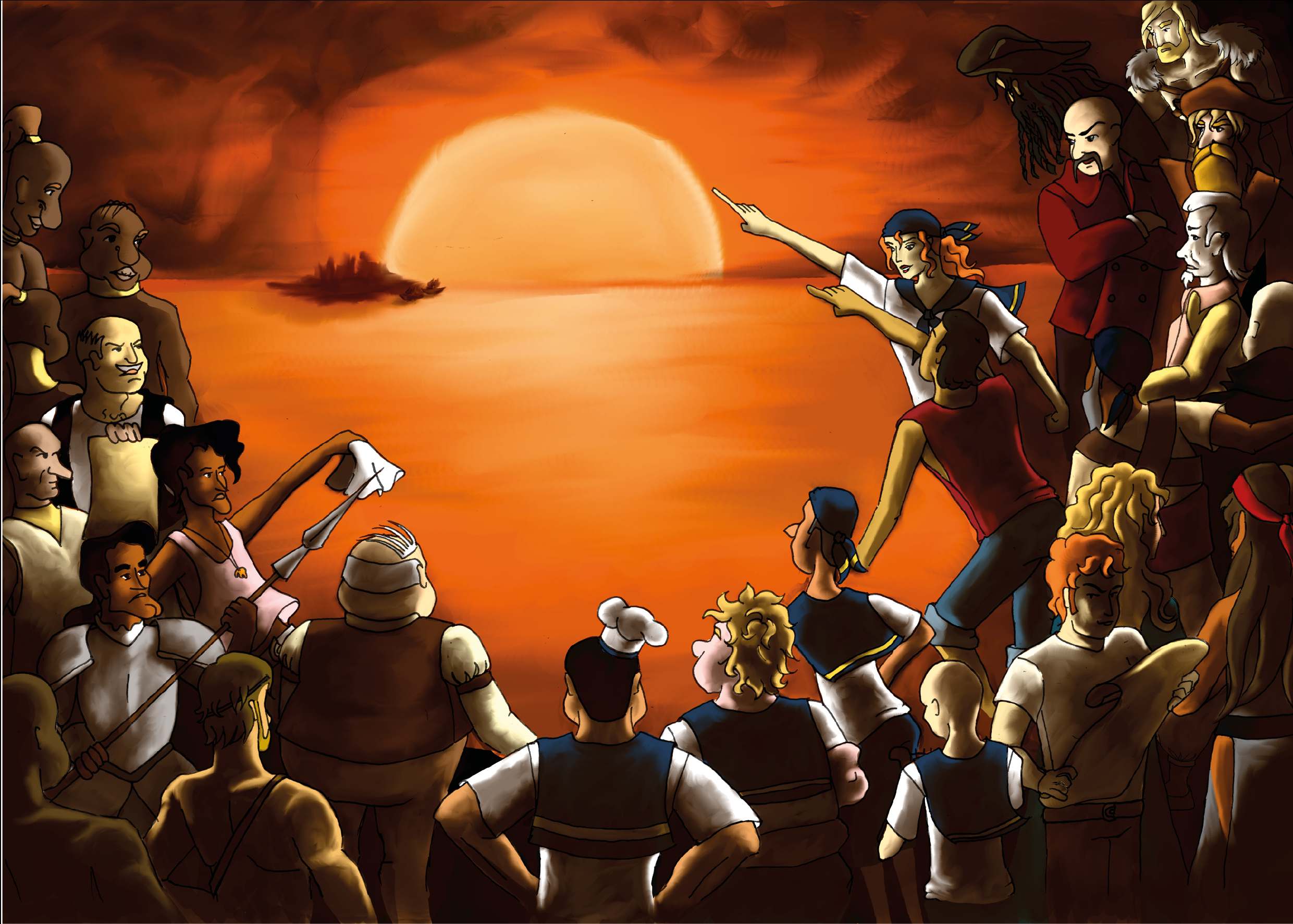 Point and Click Adventure Alphapiraten Sonnenuntergang Gruppenbild