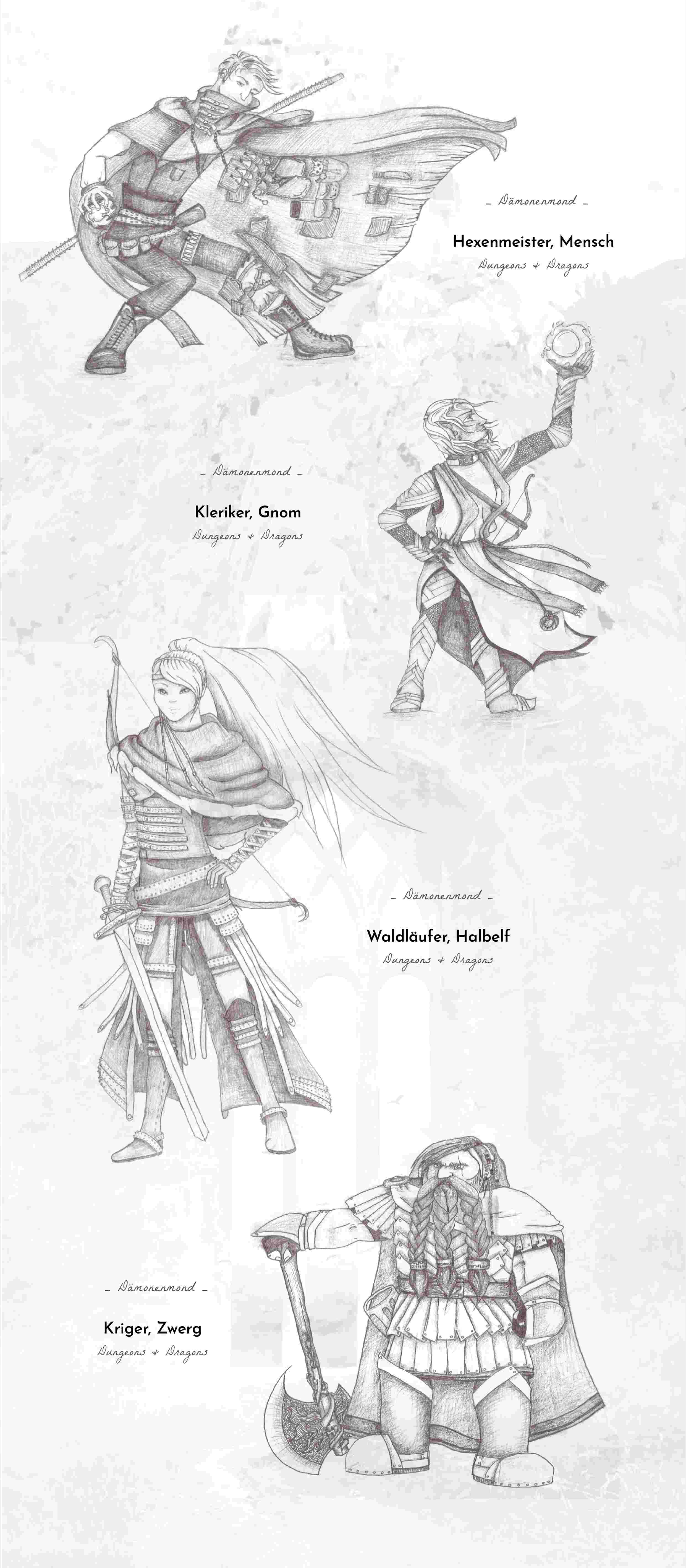 Pen and Paper Charakterdesign Hexenmeister Mensch, Kleriker Gnom, Waldläufer Halbelf, Zwerg Krieger