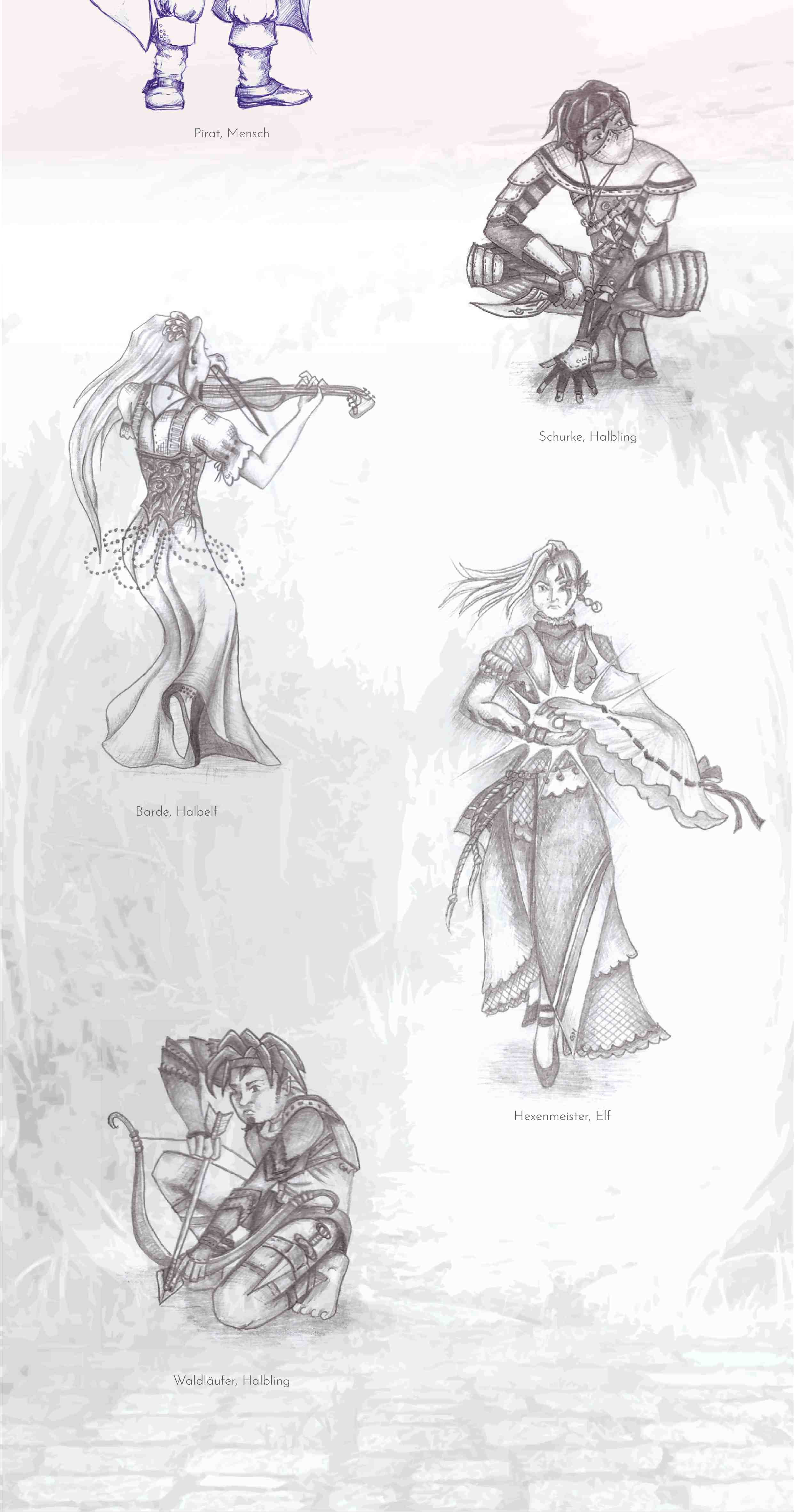 Pen and Paper Charakterdesign Schurke Halbling, Barde Elf, Hexenmeister Elf, Waldläufer Halbling
