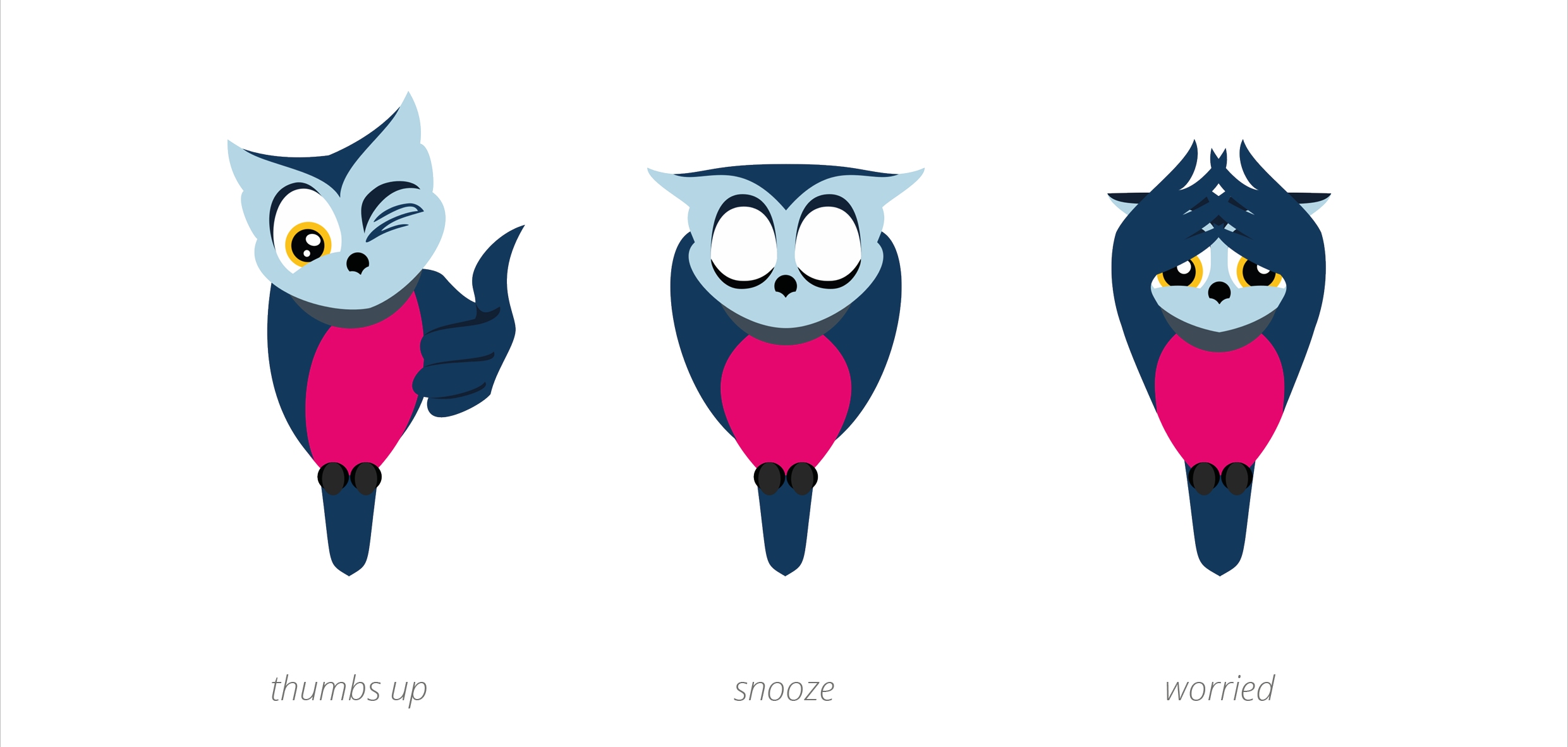 Kassandra Charakterdesign Emotionen thumbs up, snooze, worried